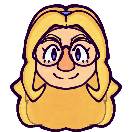 A headshot (a floating head, really) drawing of a fan interpretation of Maria Robotnik from the Sonic the Hedgehog franchise. Maria, who is smiling, is a pale-skinned human girl with medium-length warm blonde hair and purplish-blue eyes. Here, she is portrayed with a large nose, glasses with circular frames, and a poofier hair texture. Most of Maria’s hair is tucked behind her with a purplish-blue headband, and the hair in front of the headband is parted in the middle and cut a bit shorter than the rest, framing her face. 